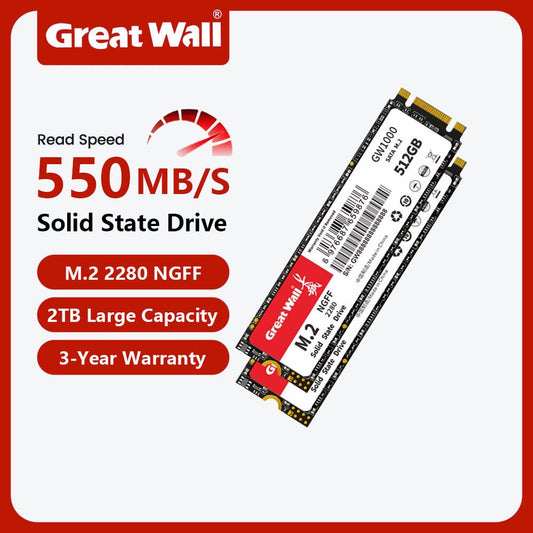 Great Wall M.2 2280 SSD Hard Disk 128GB 256GB 512GB 1TB NGFF 2TB Solid State Drives 540MP/S M2 SATA for Desktop PC Notebook