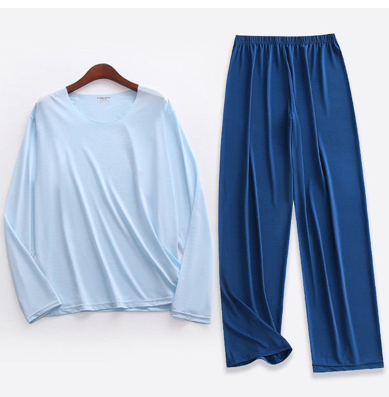 Plus Size 5XL Men Ice Silk Pajama Set Solid Long Sleeve Tops and Pants Sleepwear 2pcs Sets Soft Comfy Lounge Home Nightwear Male