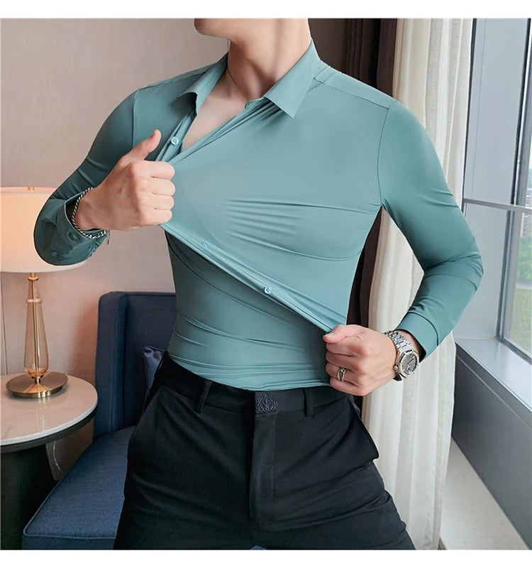 Men's Long Sleeved Elastic Shirt No Ironing Business Wear Professional Workwear Stand Up Collar Shirt Casual Solid Color Shirt