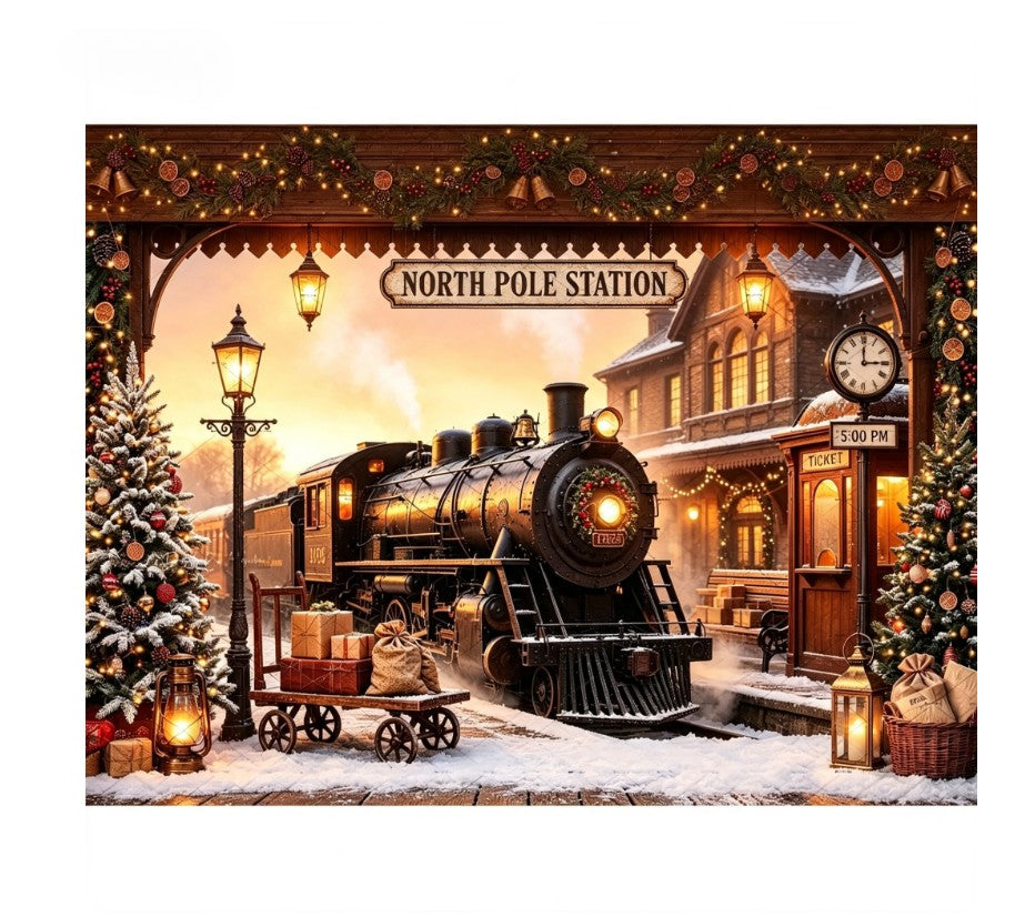 Christmas decoration background train phone booth Christmas tree street light room layout photo studio photography background