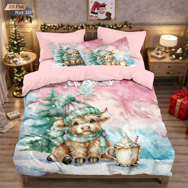 3pcs Christmas Pink Highland Cow Print Coreless Bedding Set Multi Sized Bedding Bedding Decoration Comfortable Machine Washable