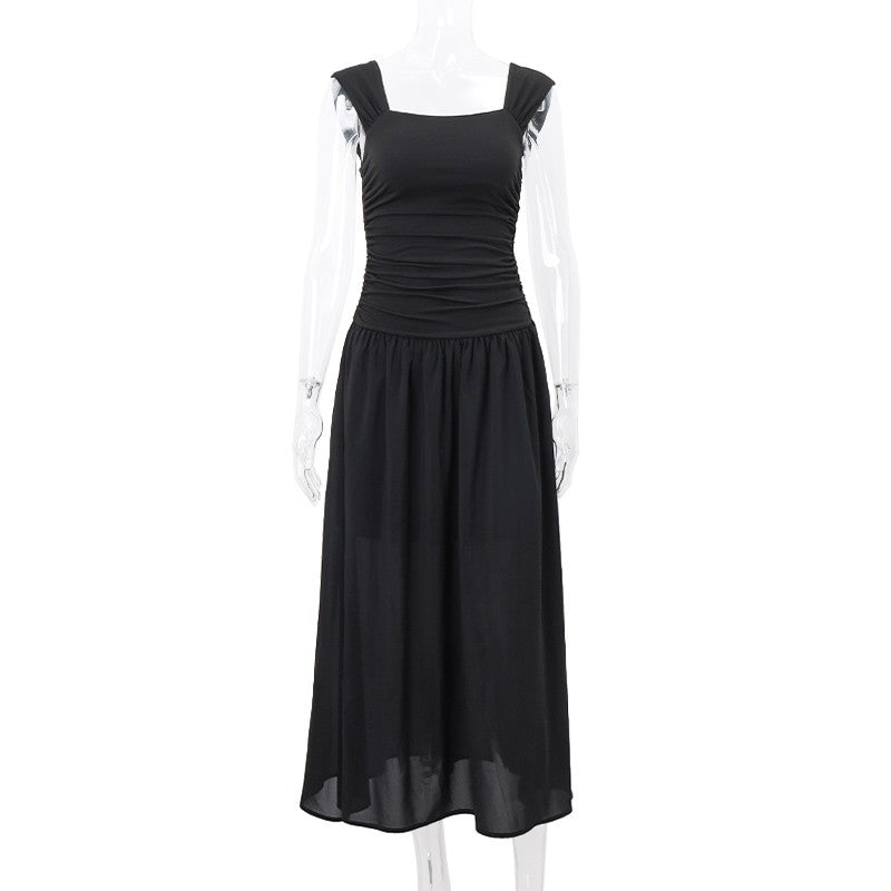 WhereMery Elegant Slip Long Dresses Sexy Women Ruched Bodycon Solid Maxi Dress S