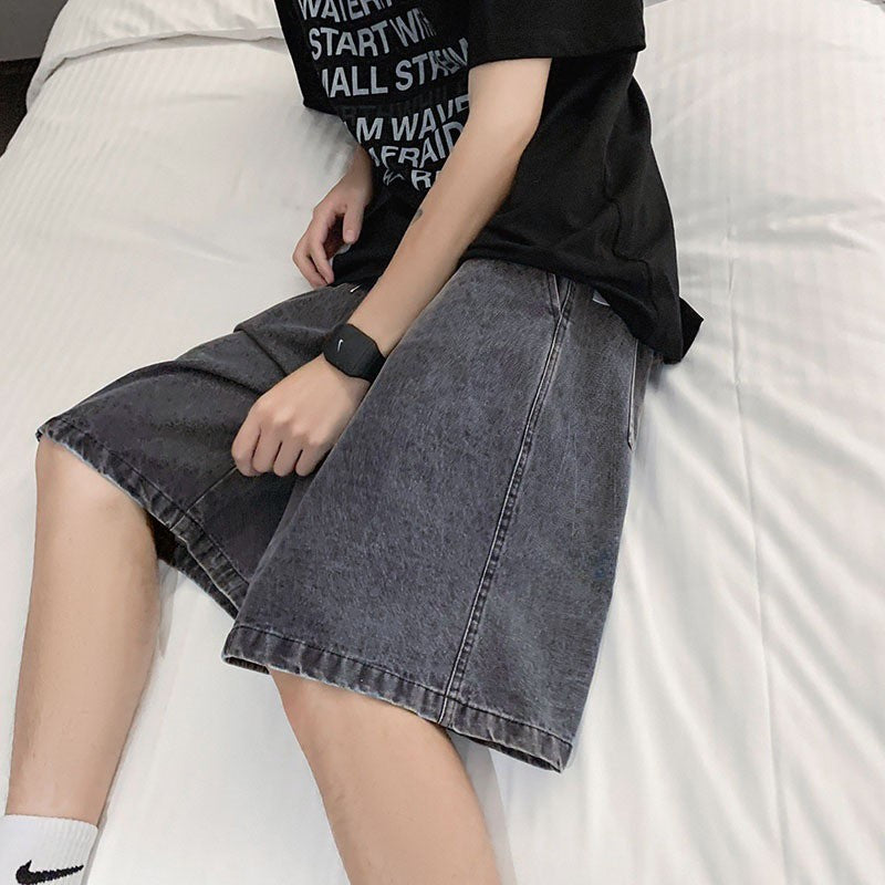 2025 New American retro short men's wide leg jeans Y2k Gothic washed loose straight leg casual men's denim shorts sports pants