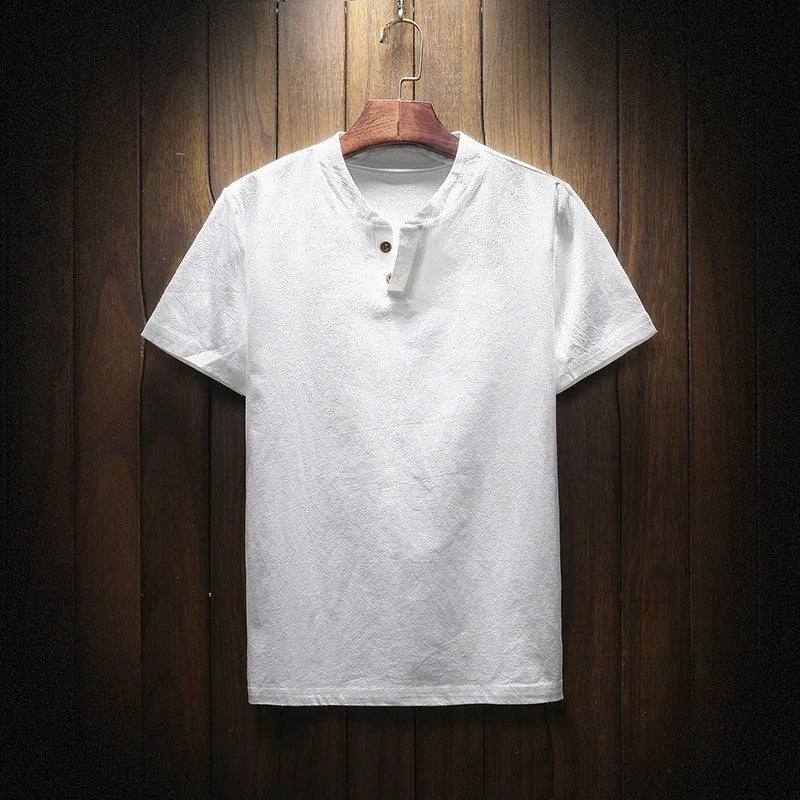 Men's Summer Loose-fit Short Sleeve Linen T-shirt Cotton Linen Body Solid Color Breathable V-neck Thin Top
