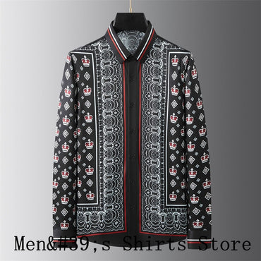 Plus Size XS-6XL Men's Brand Shirt Vintage Print Long CCS Shirt New Fashion Slim Social Baroque Slim Party Shirt