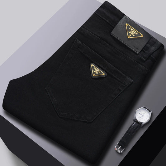 PL Jeans Masculinos Estilo Europeu de Alta Qualidade Pure Black Slim Fit Suaviza Sua Silhueta Perna Reta Calças Casuais Para Outono/Inverno