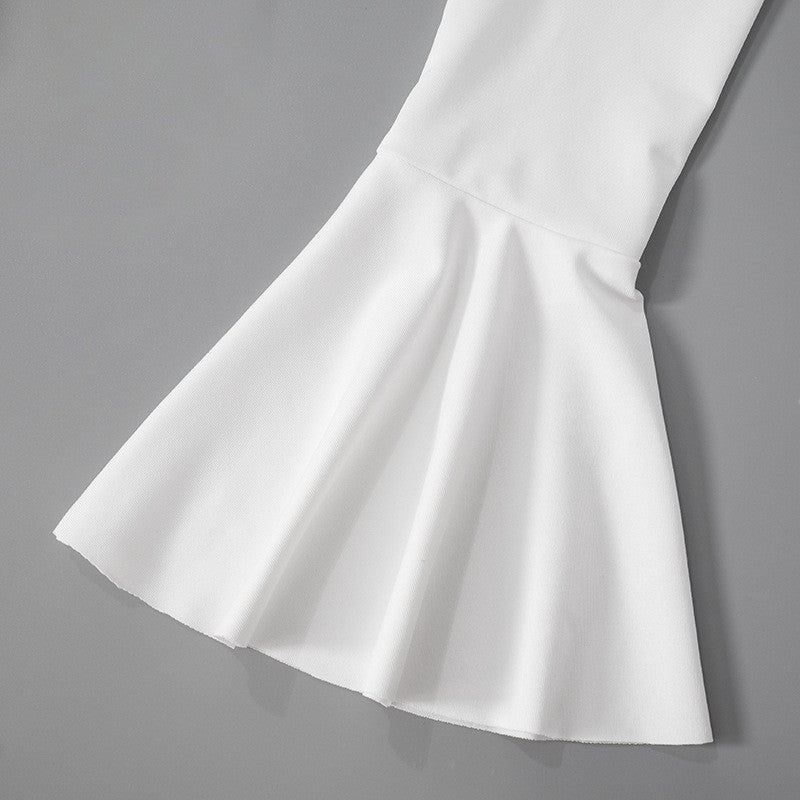 Ruffled Lace-Up White Mini Dress Women's V-Neck Patchwork Long Sleeve Sexy Slim