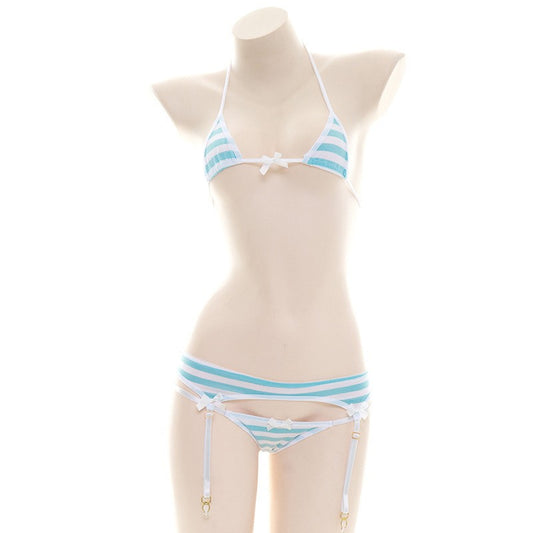 2025 Striped Halter Micro Bikini Set Lolita Kawaii Swimsuit Backless String Tied Bathing Suit