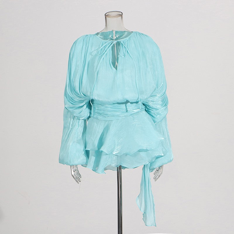 GALCAUR Solid Loose Splicd Lace Up Dresses For Women V Neck Long Sleeves Patchwo