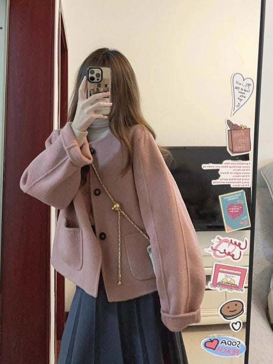 Women's Solid Color Short Style Wool Coat Autumn Winter New Foreign Style Small Fragrance Unique Good-looking Short Suit Coat