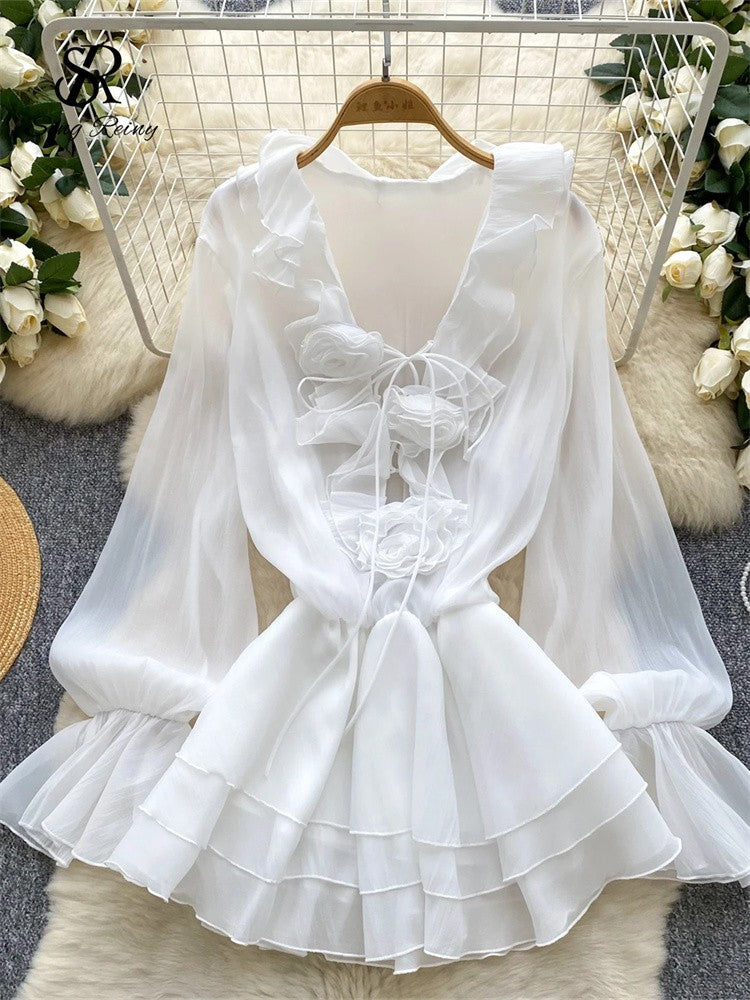 SINGREINY 3D Floral Beach Short Dress Female Long Sleeves Lace Up Ruffle Chiffon