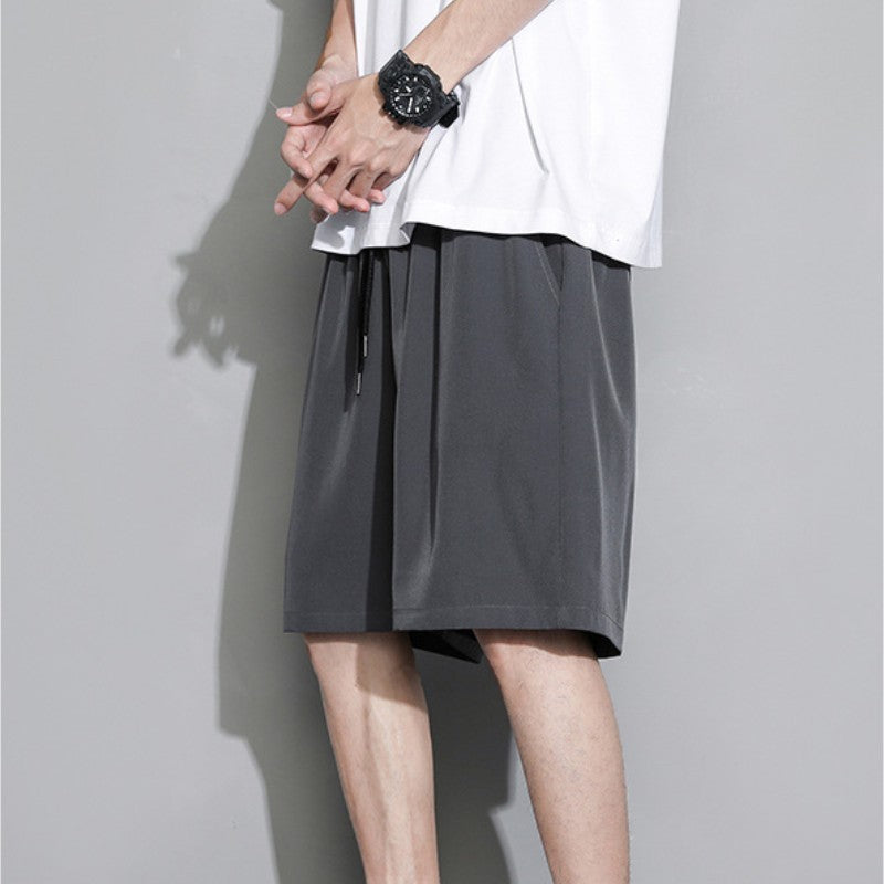 Summer Loose-fit Men's Sports Mid-waist Shorts Lightweight Black Ice Silk Five-poin
