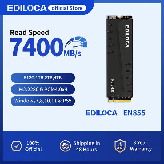 Ediloca EN855 SSD with Heatsink 7400MB/s PCIe Gen4.0 NVMe M.2 Gaming SSD Internal Solid State Drive for PS5 & PC
