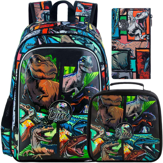 3PCS Backpack for Boys, 16 Inch Dinosaur Preschool Bookbags, Cool Elementary Kindergarten School Backpacks