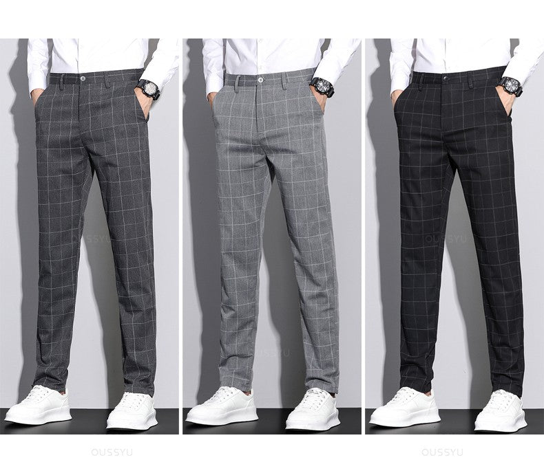 High Quality Plaid Stripe Ankle Length Pants Men Business Long Length Pant Straight Korea Grey Black Suit Formal Trousers Male