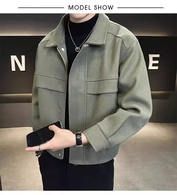 Men's Autumn Winter 2023 New High-end Feeling Cropped Woolen Jacket Casual Style Loose Fit Sweater Coat