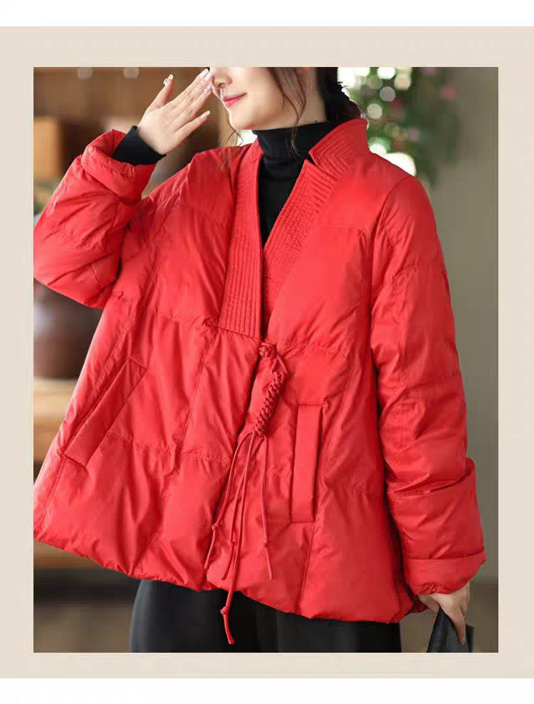 Vefadisa 2024 Autumn Winter New Red Women Parkas Coat V-neck Long Sleeve Short Parkas Casual Warm All-match Parkas Coat ZXY1194A