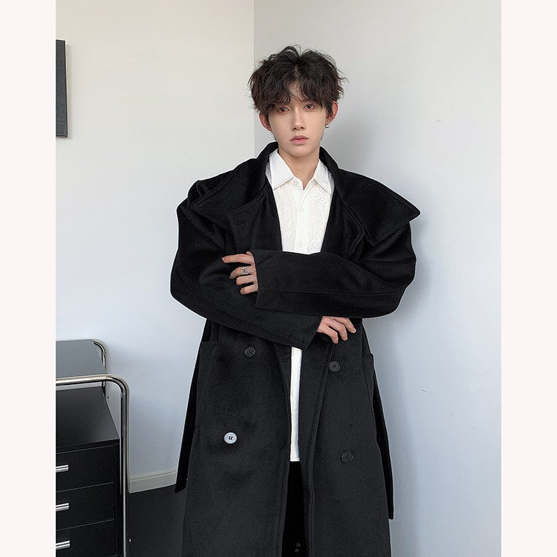 Men's Double-Breasted Wool Blend Overcoat with Belt Loose Fit Solid Color Stand Collar Mid-Length Trench Coat for Autumn Winter