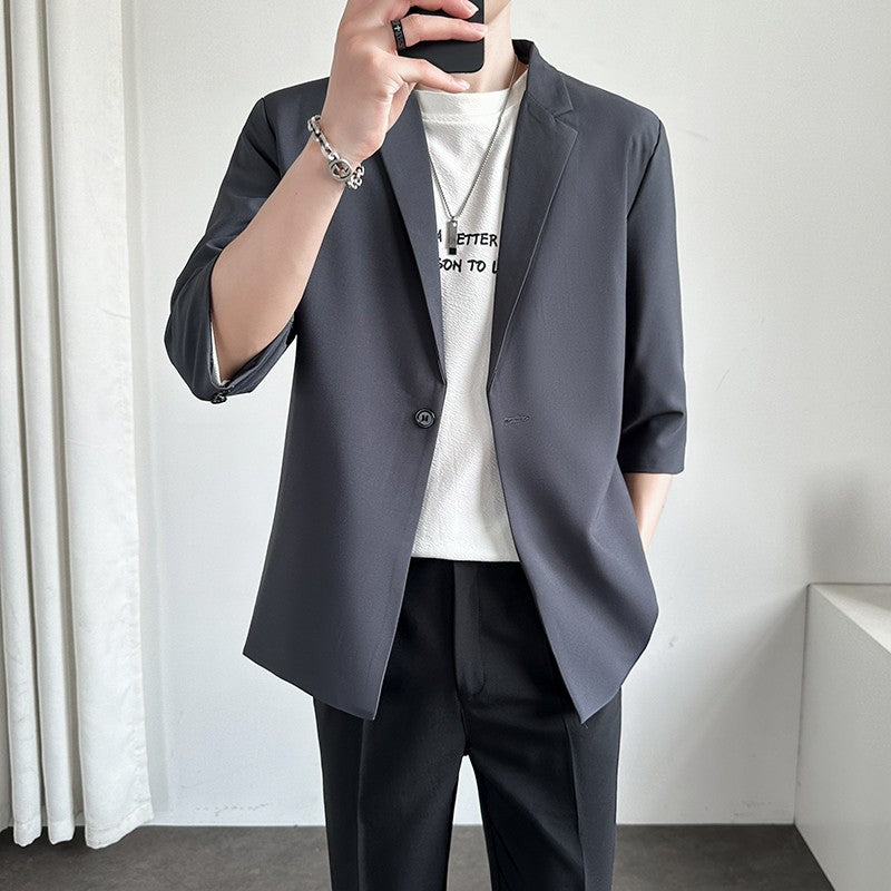 Men's Casual Seven-Five Sve Suit Jaet Thin Summer Faionable Korean Sle Five-Five ort Sve Small Western Clothes