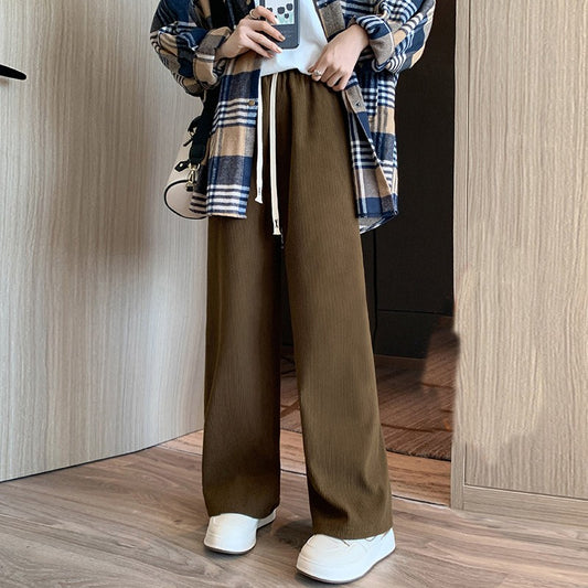Calça Feminina de Veludo Cotelê Perna Larga Outono Inverno Calça Básica Feminina de Cintura Elástica Reta Calça Comprida Casual Feminina Calças