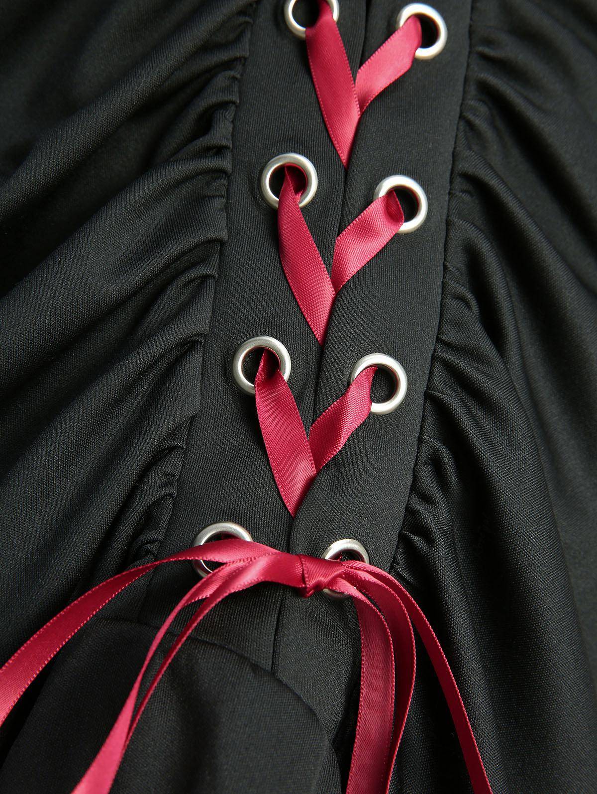 ROSEGAL Plus Size Grommets Lace-Up Ruffles Ruched High-Low Skirt Adjustable Tie Waist Maxi Skirt for Women Oversize Black Skirts