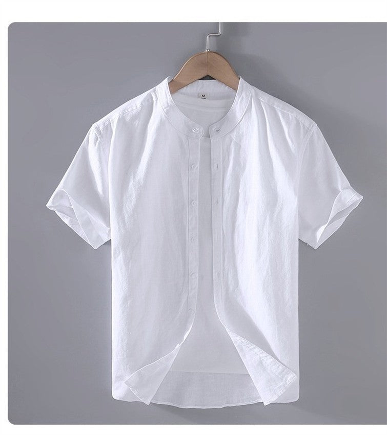 Cotton Linen Hot Sale Men's Short-Sleeved Shirts Summer Streetwear Plain Color Stand Collar Casual Beach Style Plus Size M-3XL