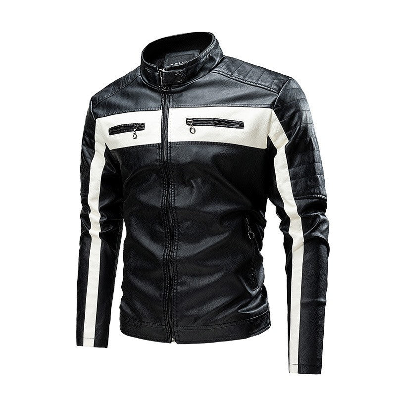 2025 New Color Blocked Stand Up Collar PU Leather Motorcycle Bike Jackets for Men,multi-color Spring Autumn Thin Casual PU Coat