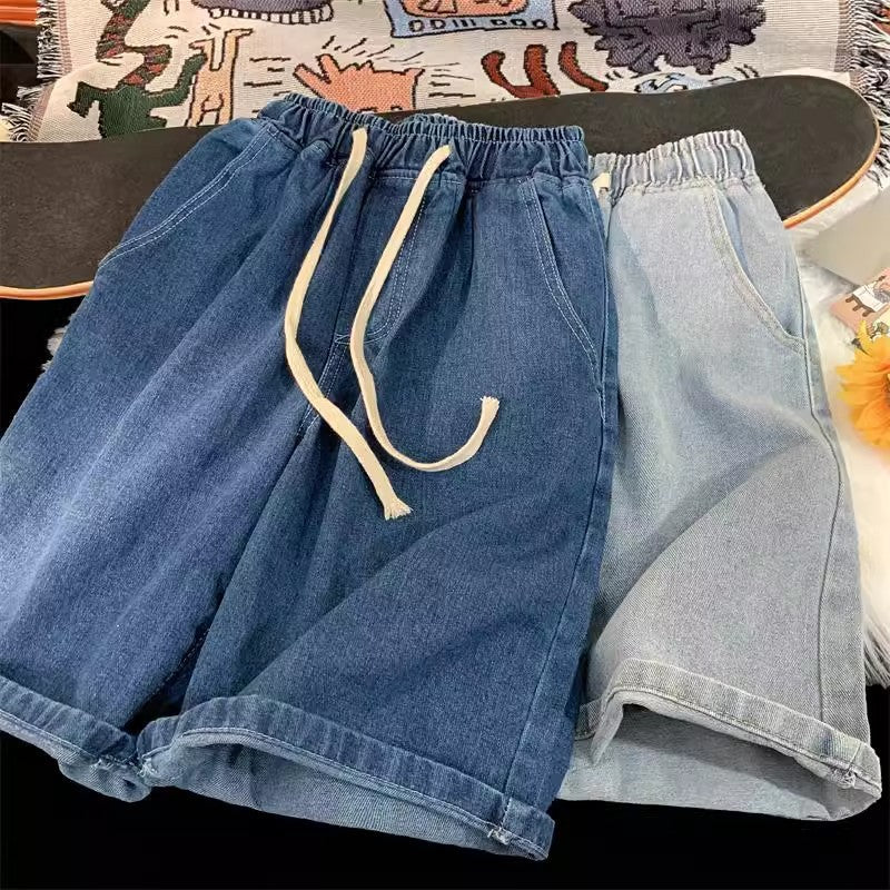 2025 New American retro short men's wide leg jeans Y2k Gothic washed loose straight leg casual men's denim shorts sports pants