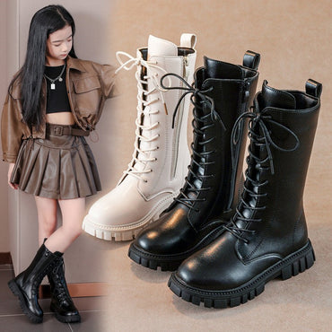 2025 Autumn/Winter Fashion Cool Baby Girls Warm Square Heel Round Toe Casual Lace-Up Comfortable Kids Black Mid Boots