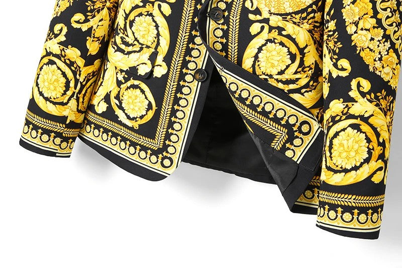Luxury Brand Gold Floral Black Blazer Jacket High Quality Men Women Peak Lapel Baroque Suit Jacket for Wedding Party Prom