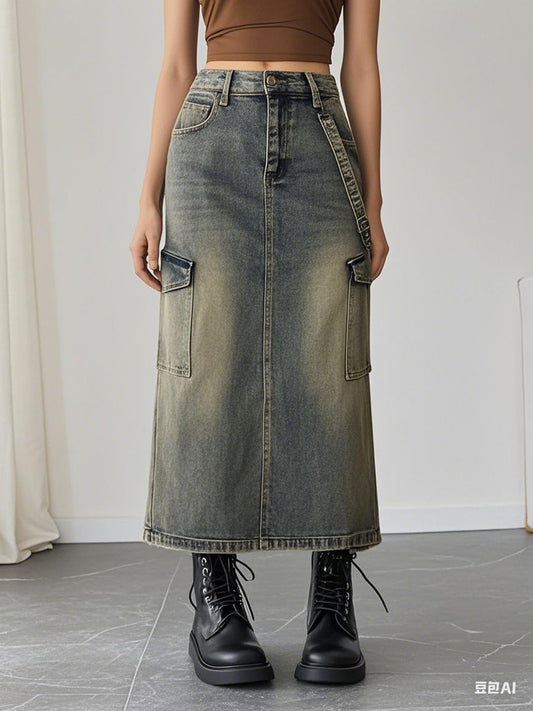 Modern Office Style Women's Denim Maxi Skirt High Waist Long Jean Pants Minimalist Workwear Fashion Clothing