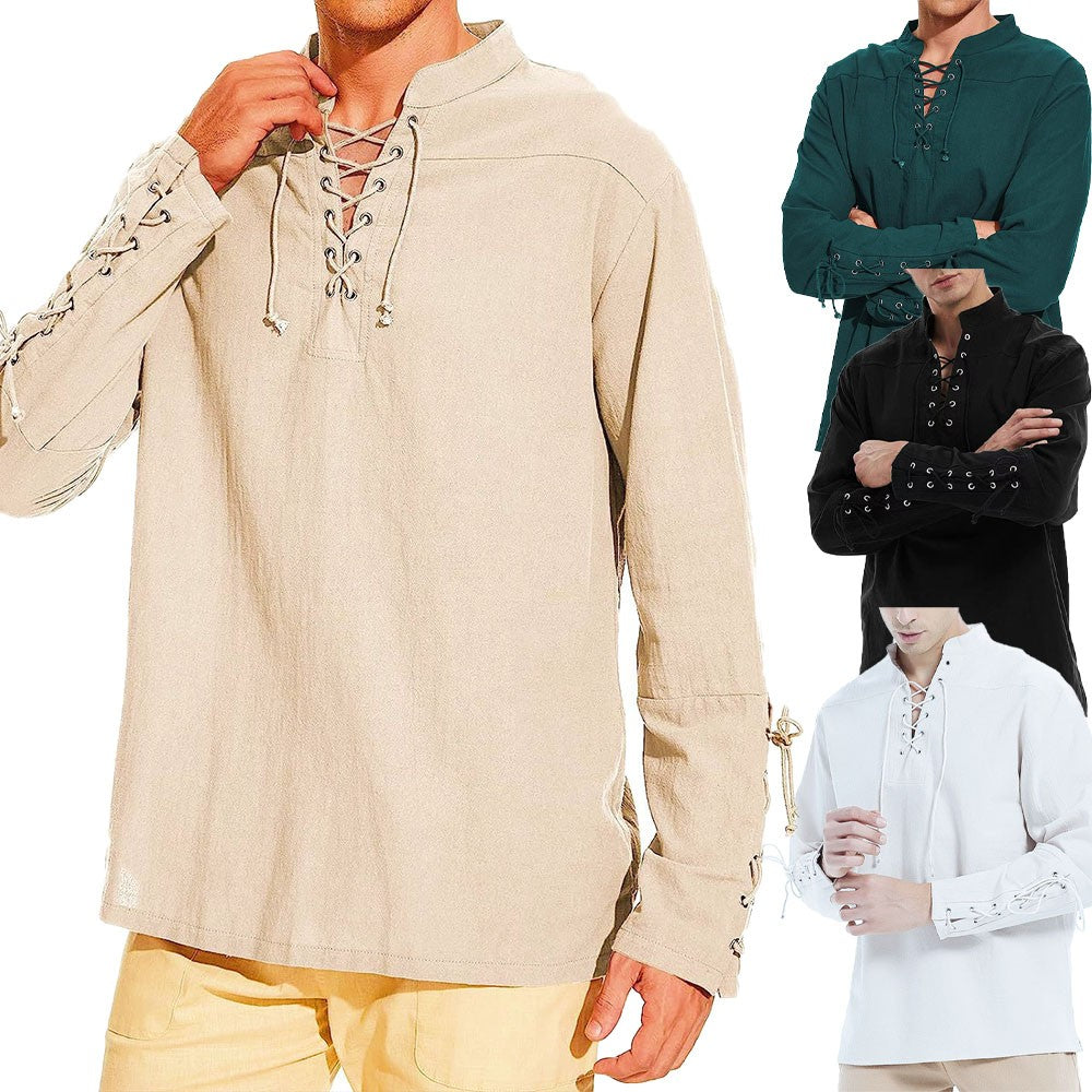 Cotton Linen Shirts for Men Medieval Costume Beach Tops Shirt Pull on Male Loose Casual Streetwear Cosplay Long Sleeve