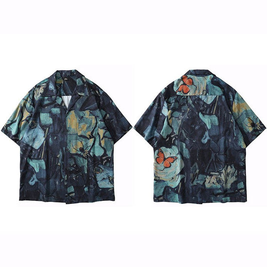 2025 Men Harajuku Hawaiian Shirt Hip Hop Streetwear Butterfly Painting Print Beach Shirt Summer Short Sleeve Aloha Shirt Casual