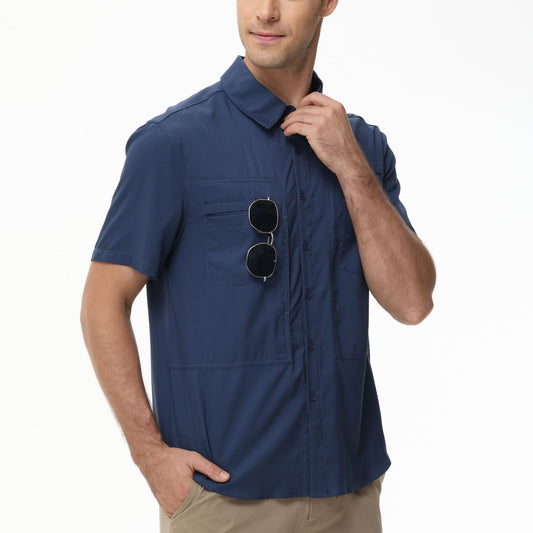 Summer Men's UPF 50+ Fishing Shirts, Casual Breathable Short Sleeve Cargo Fishing Shirt, Button Down Tactical Shirts Blouse