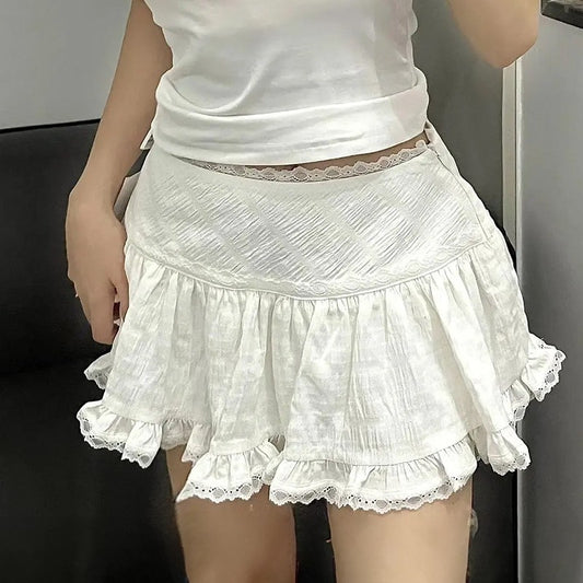 Balletcore Ruffled Mini Skirt with Lace Trim Low Rise Tiered White Skirt Summer