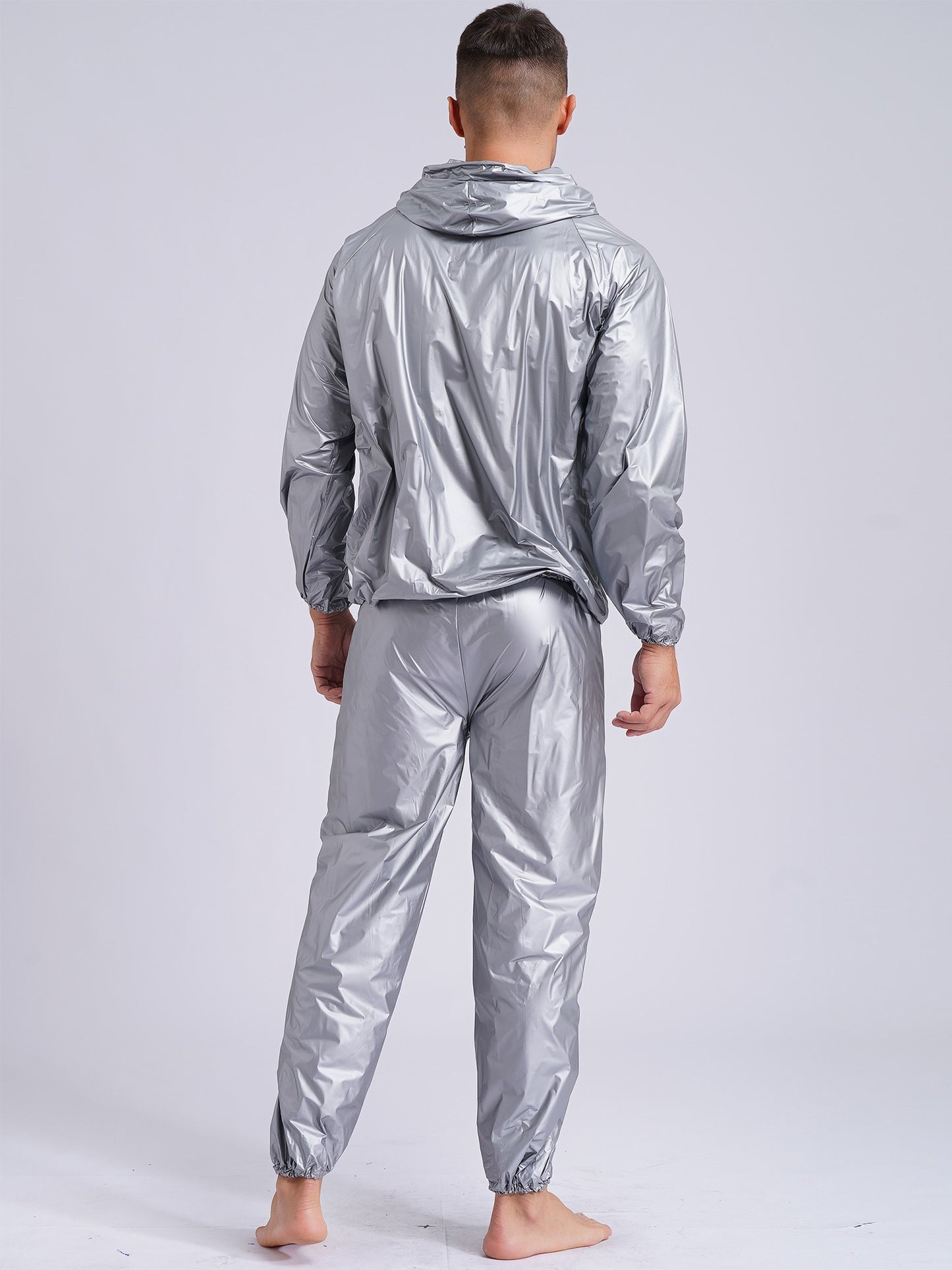 Mens Pullover Style PVC Sweating Suit for Boxing Gym Workout Fitness Sauna Sweat Outfit Hooded Jacket Outerwear And Long Pants