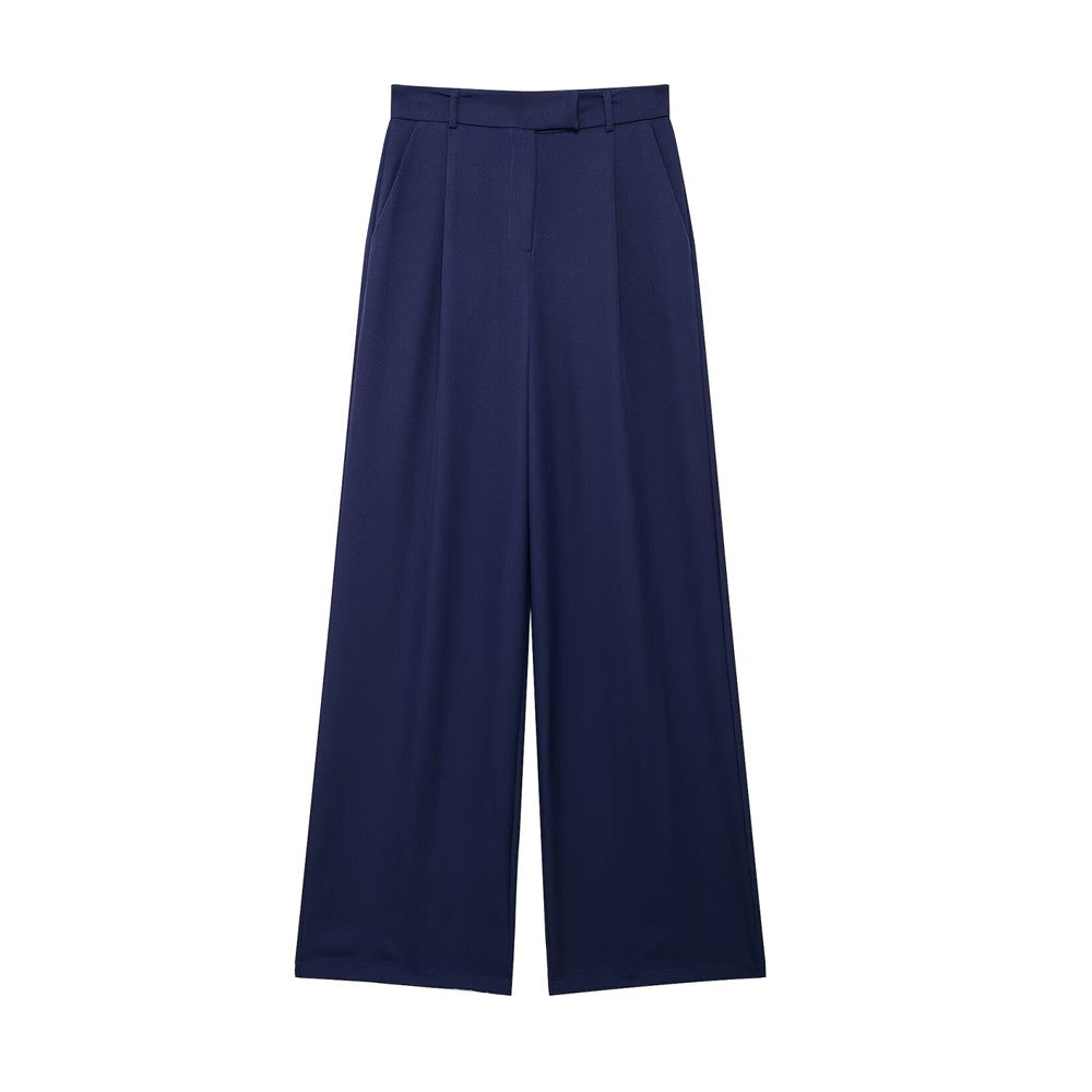 TRZA Women Fashion With Darts Front Pockets Wide Leg Pants Vintage High Waist Zi