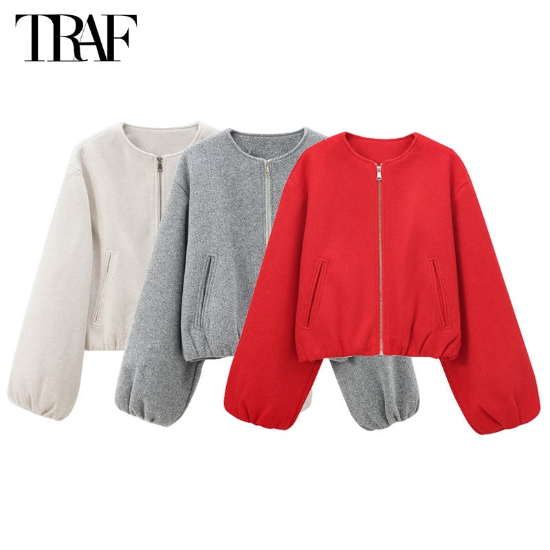 MUJER Red Zipper Bomber Jackets for Women Soft Cropped Jackets Woman 2025 Long Sleeve Woman's Sports Jacket New in Outerwears