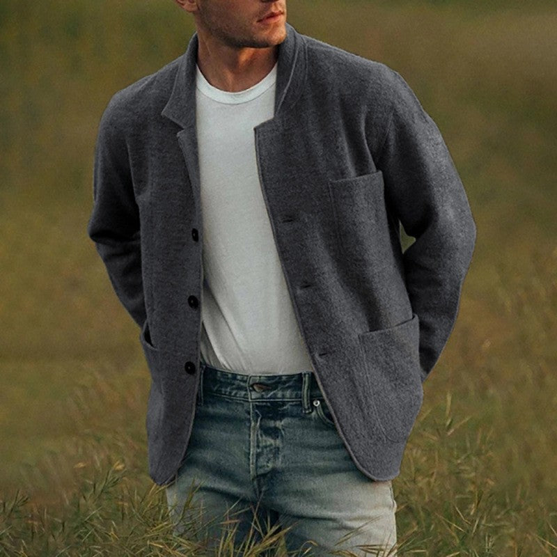 Men Woolen Coat Stand Collar Solid Color Windproof Autumn Winter Thicken Trench Coat Overcoat Business Windbreaker Streetwear