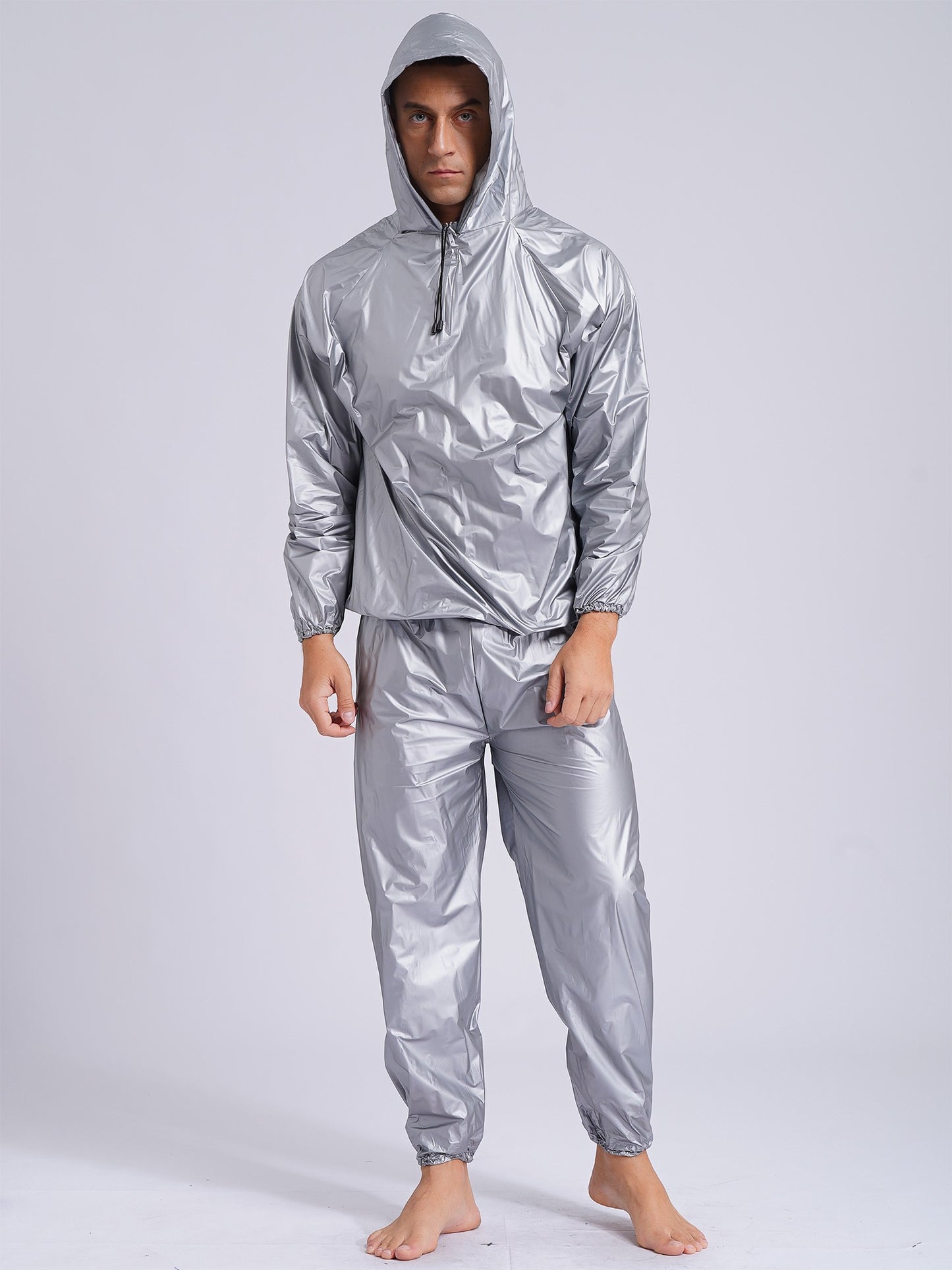 Mens Pullover Style PVC Sweating Suit for Boxing Gym Workout Fitness Sauna Sweat Outfit Hooded Jacket Outerwear And Long Pants