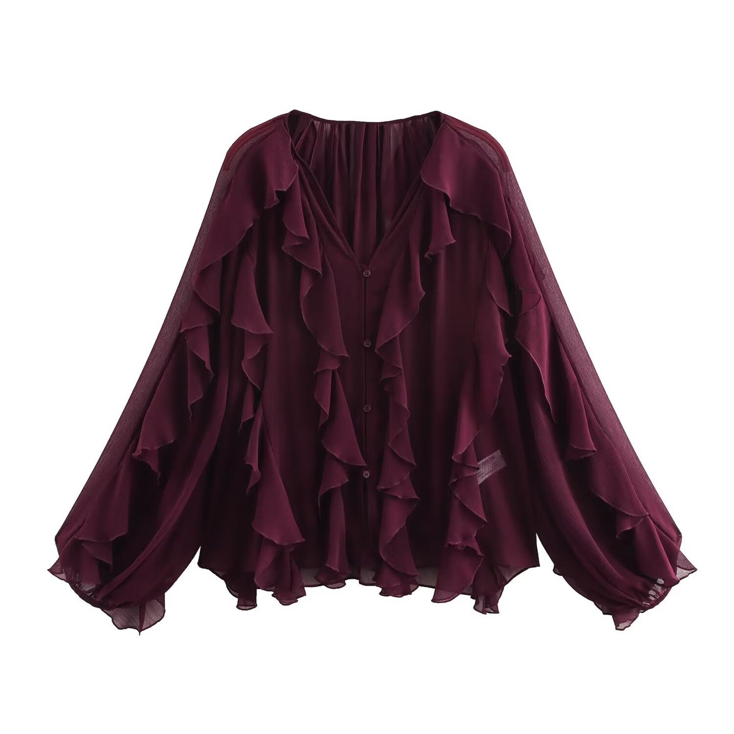 2025 Summer Chic Women's Elegant Loose Long Sleeve Layered Shirts Office Lady Vintage V-neck Translucent Tierred Ruffles Blouses