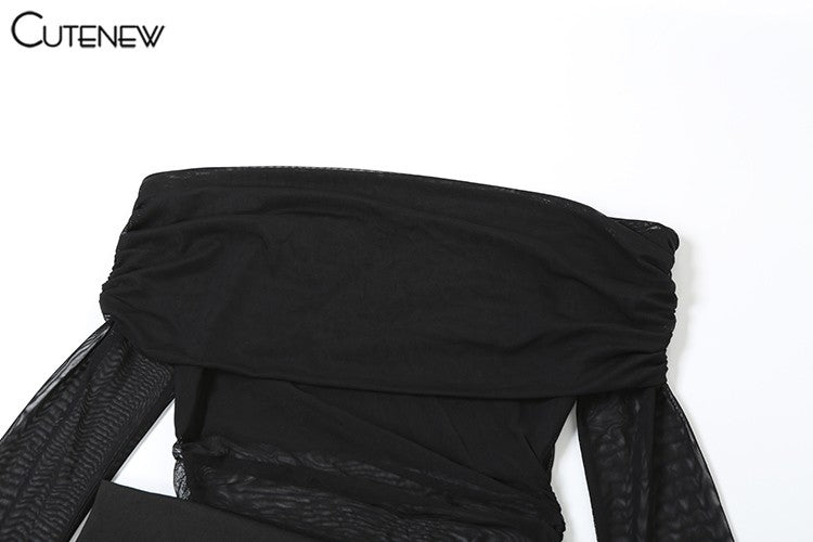 Cutenew Mesh Ruched Women Maxi Dress Sexy See Through Off Shoulder Long Sleeve S