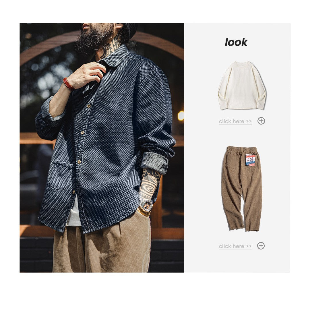 Maden Retro Checkered Long-sleeved Denim Shirt Loose Lapel Single-breasted Jacket for Men Spring and Fall Versatile Outerwear