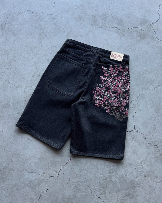 New Men Black Floral Print Denim Shorts Unique Creative Design Summer Casual Trendy Style Comfortable Fit for Outdoor Streetwear