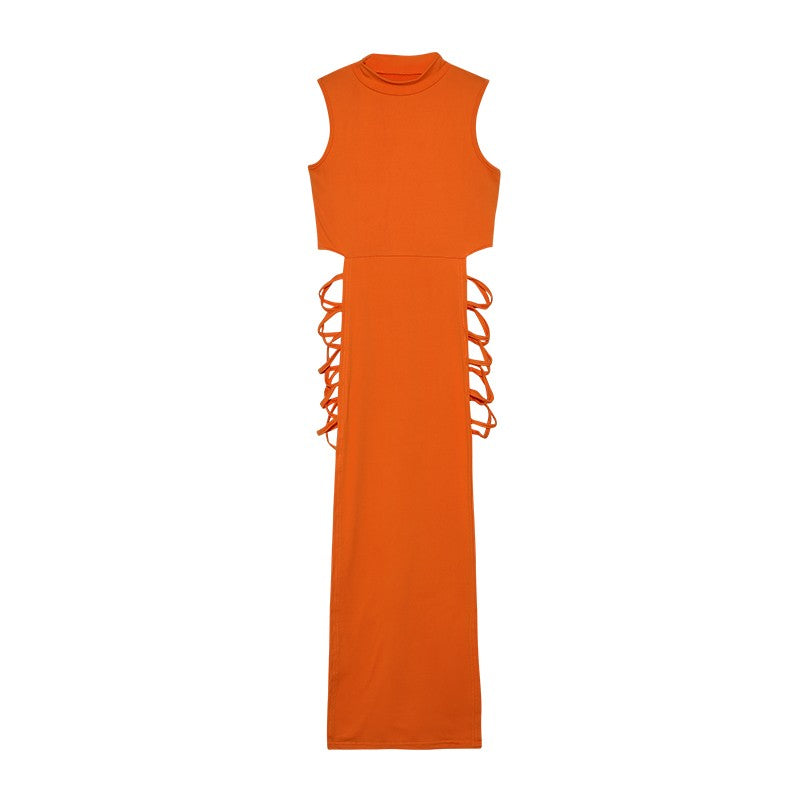 Criss Cross Cut Out Dress, Sexy Bodycon Mock Neck Sleeveless Dress, Women's Clot