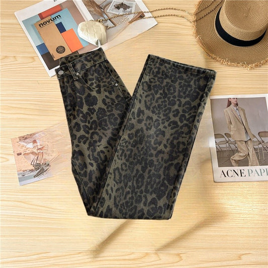 Casual Loose Womens Jeans Retro American Style Leopard Print Design Straight Leg Pants Workwear Fashion Winter Women's pants