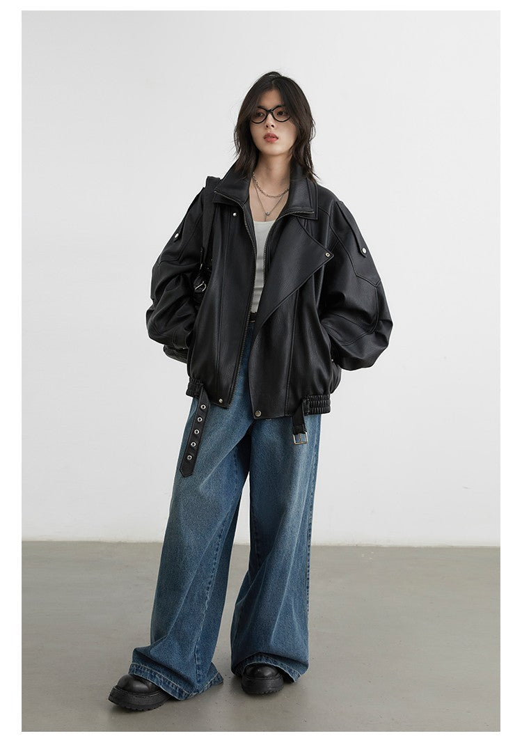 Mauroicardi Spring Autumn Retro Black Oversized Pu Leather Motorcycle Jacket Women Belt Zipper Luxury European Fashion 2025