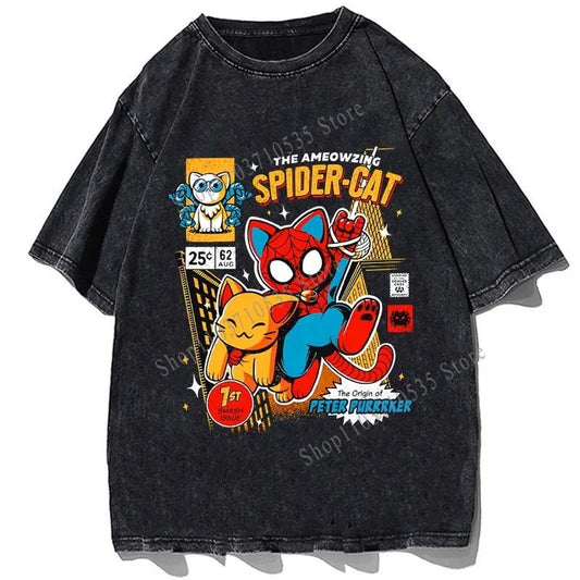 Spider Cat Graphic Printed T-Shirt High Street Streetwear T Shirt Vintage Washed Loose Oversize Tshirt Fashion Cotton Men Tees