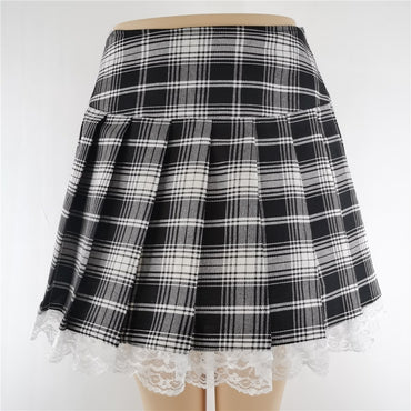 New Contrast Lace Plaid Pleated Skirt Vintage Sexy Skater Clothes Harajuku Gothic Punk England Style Y2k Skirt