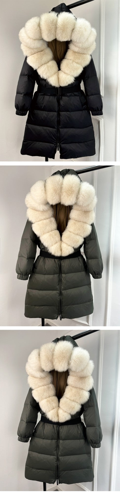 Janveny New Natural Thick Warm 90% White Duck Down Coat Long Winter Jacket Women Real Big Fox Fur Collar Belt Loose Puffer Parka
